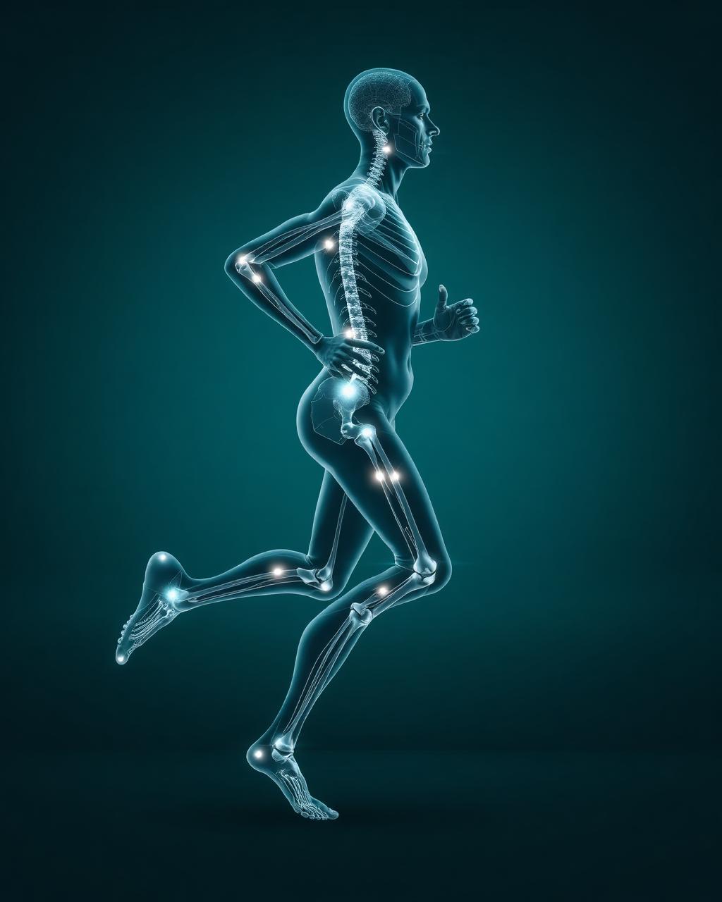 Runner in side profile with skeletal joint-trace overlay, motion-capture style