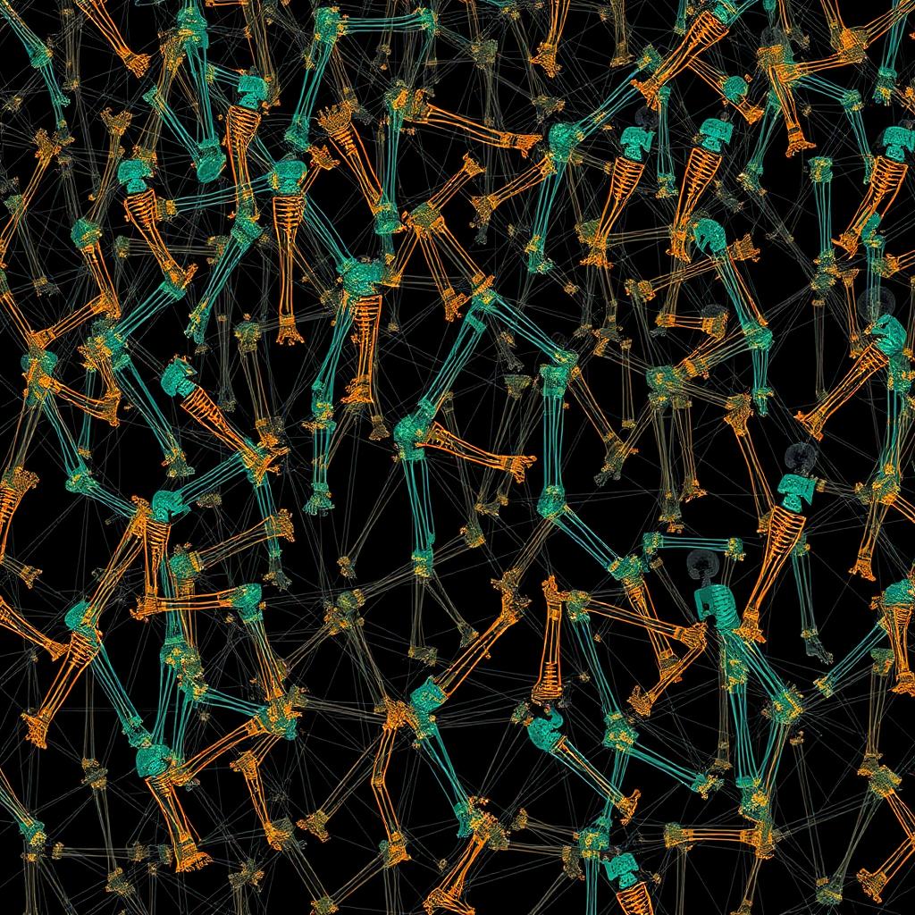Dense field of overlapping skeletal movement traces in cyan and warm tones
